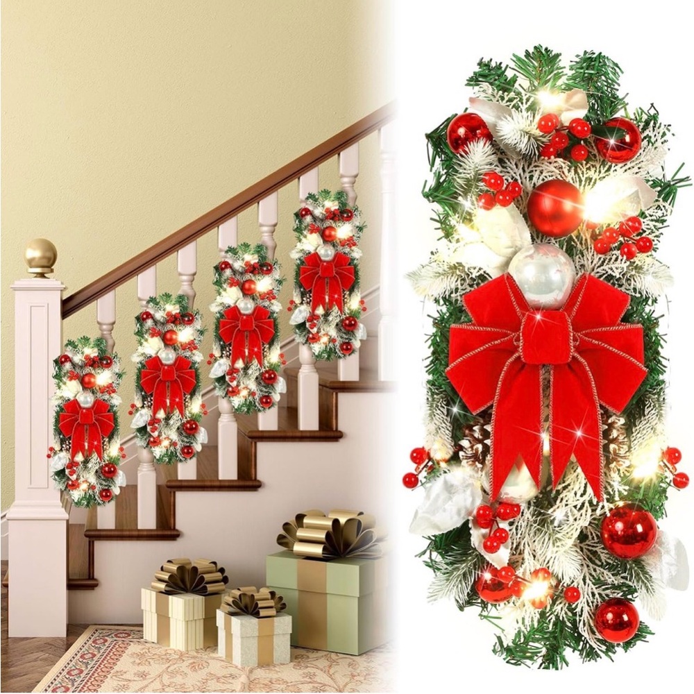 Giegxin 4 Pcs 19.7 Inches Light up Christmas Stair Swags LED Prelit Teardrop
